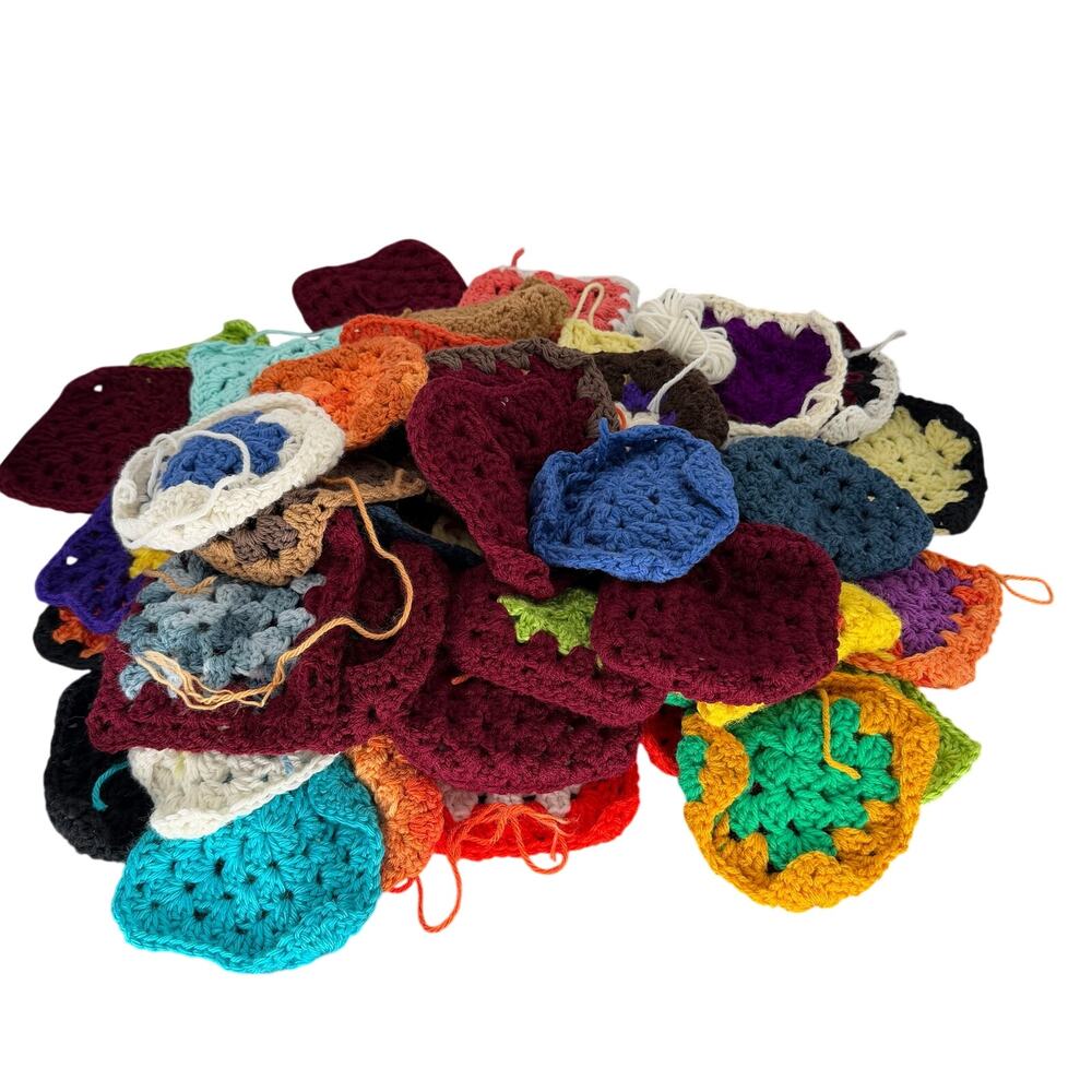 55 Crochet Granny Squares Lot Mixed Colors Vintage Style Craft Destash Supply